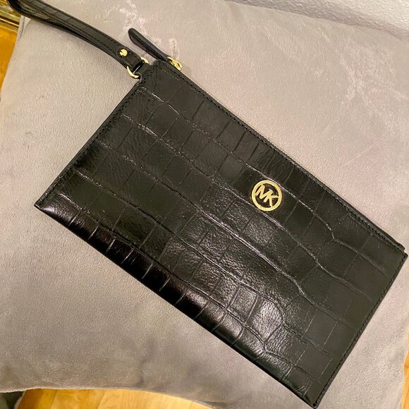 MICHAEL KORS BLACK LEATHER MAKE-UP BAG OR SMALL HANDBAG NEW WITHOUT TAGS (NWOT) - Picture 1 of 8